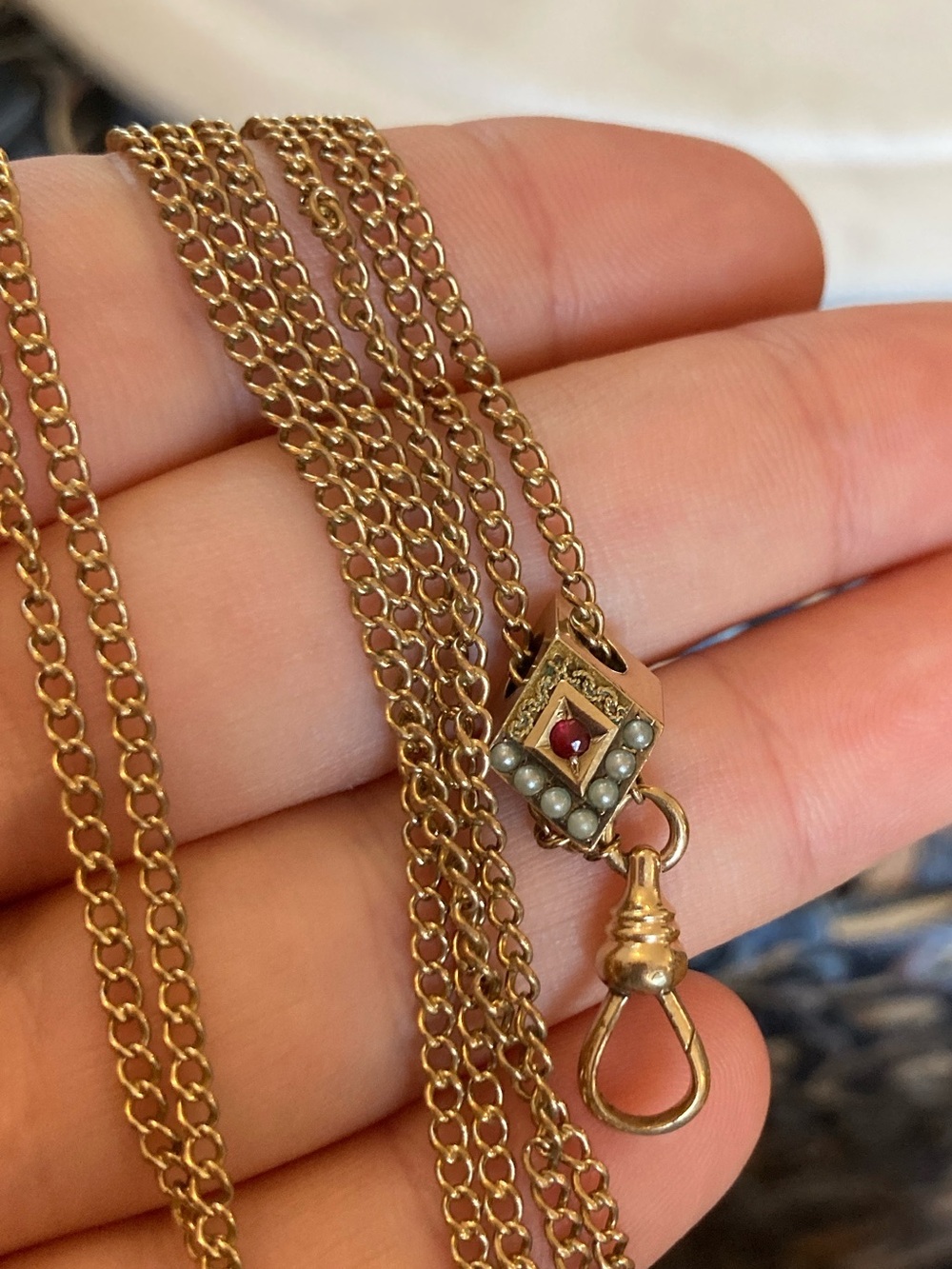 Antique Victorian 1/10 Gold Seed Pearl & Garnet Paste Watch Chain Necklace - Picture 9 of 14